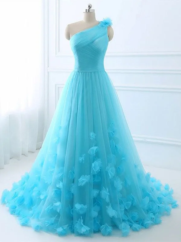 Buy Now One Shoulder Blue Floral Long Prom Dresses, Blue Formal Evening Dresses with 3D Flowers, Blue Ball Gown Buy Now One Shoulder Blue Floral Long Prom Dresses, Blue Formal Evening Dresses with 3D Flowers, Blue Ball Gown