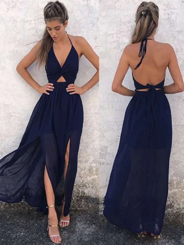 spaghetti strap dressspaghetti strap dressCustom Made Halter Backless Navy Blue Prom Dresses, Backless Navy Blue Formal Dresses