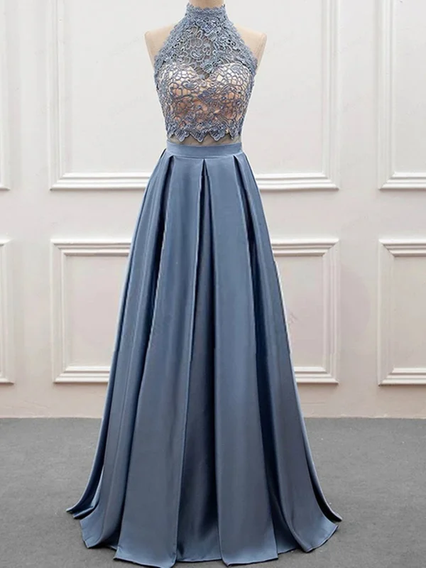 Best Bargains High Neck 2 Pieces Blue Lace Long Prom Dresses, Open Back Two Pieces Blue Lace Formal Evening Dresses Best Bargains High Neck 2 Pieces Blue Lace Long Prom Dresses, Open Back Two Pieces Blue Lace Formal Evening Dresses