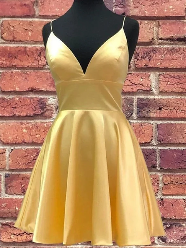 form-fitting dressform-fitting dressA Line V Neck Short Yellow Prom Dresses, Short V Neck Yellow Formal Homecoming Dresses