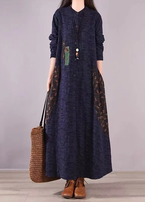 The Best Prices New Navy Print Pockets Button Patchwork Cotton Shirts Dresses Fall
