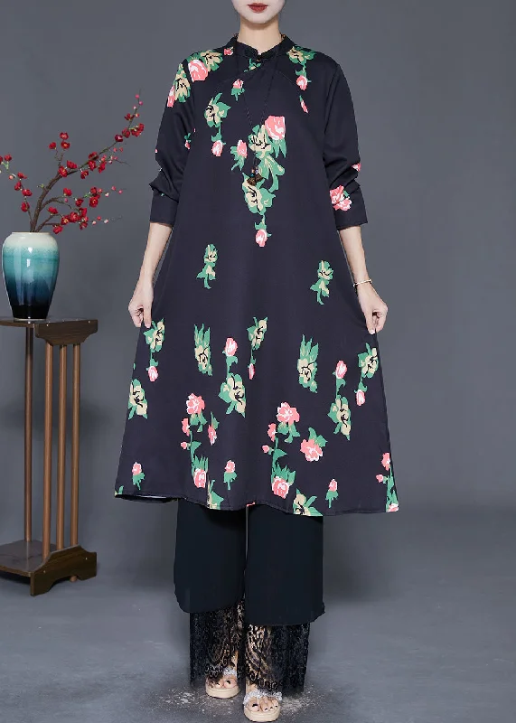 Savings Galore Elegant Black Mandarin Collar Print A Line Dress Fall