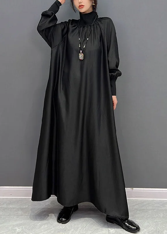 mini dressmini dressWomen Black High Neck Oversized Silk Long Dress Spring