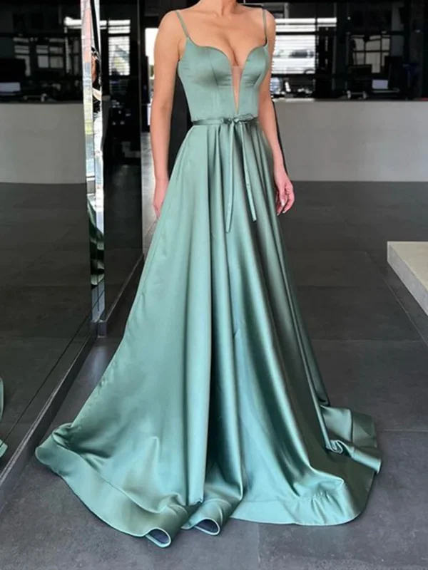 Final Clearance A Line V Neck Green Satin Long Prom Dresses, V Neck Green Formal Graduation Evening Dresses SP2483