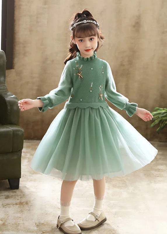 Clearance Event Boutique Green Embroideried Patchwork Tulle Baby Girls Dress Fall