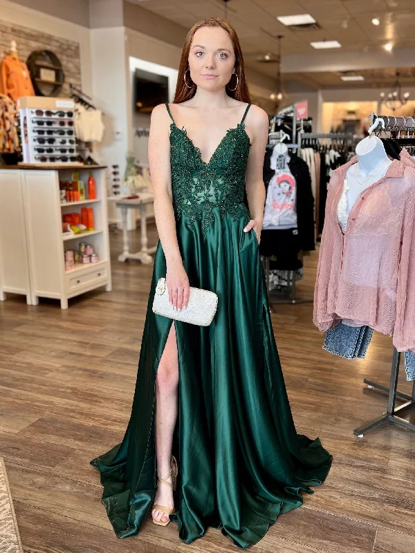 ruffle dressruffle dressV Neck Green Lace Long Prom Dresses with High Slit, Green Lace Formal Dresses, Green Evening Dresses SP2591