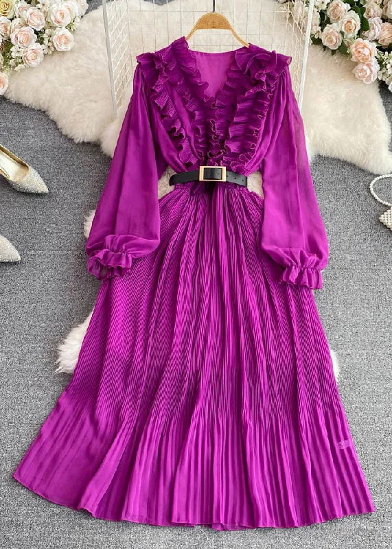 ruffle dressruffle dressCute Purple V Neck Ruffled Tunic Sashes Maxi Dress Puff Sleeve