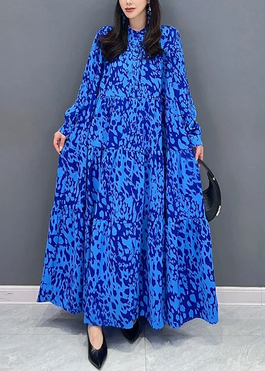 New Markdowns Loose Blue Button Print Patchwork Cotton Shirts Dresses Fall