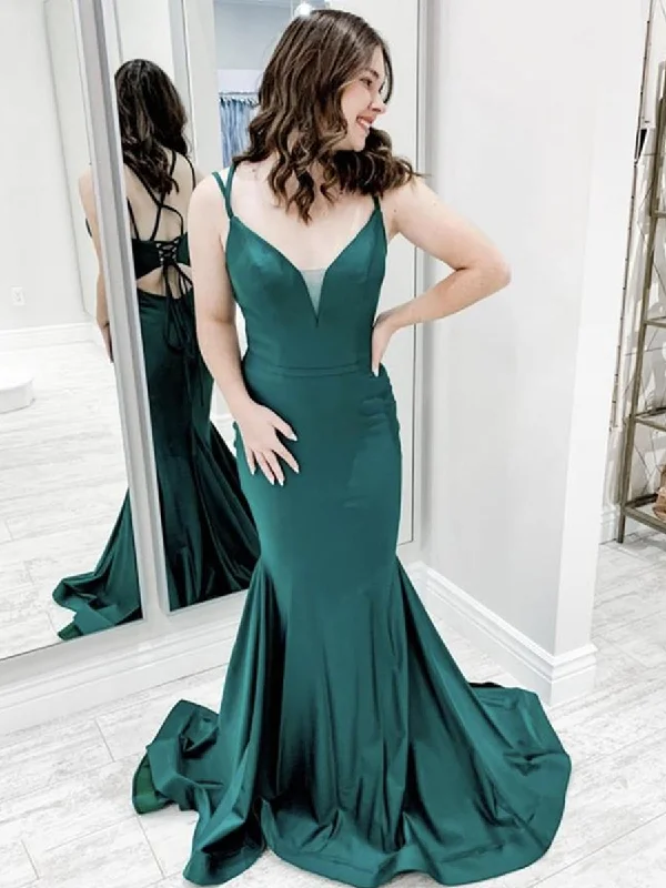 Fantastic Offers Mermaid V Neck Backless Green Long Prom Dresses, Green Mermaid Formal Graduation Evening Dresses