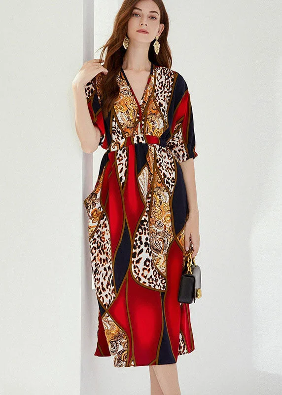 Online Specials Natural Red V Neck Wrinkled Pockets Print Cotton Dresses Summer