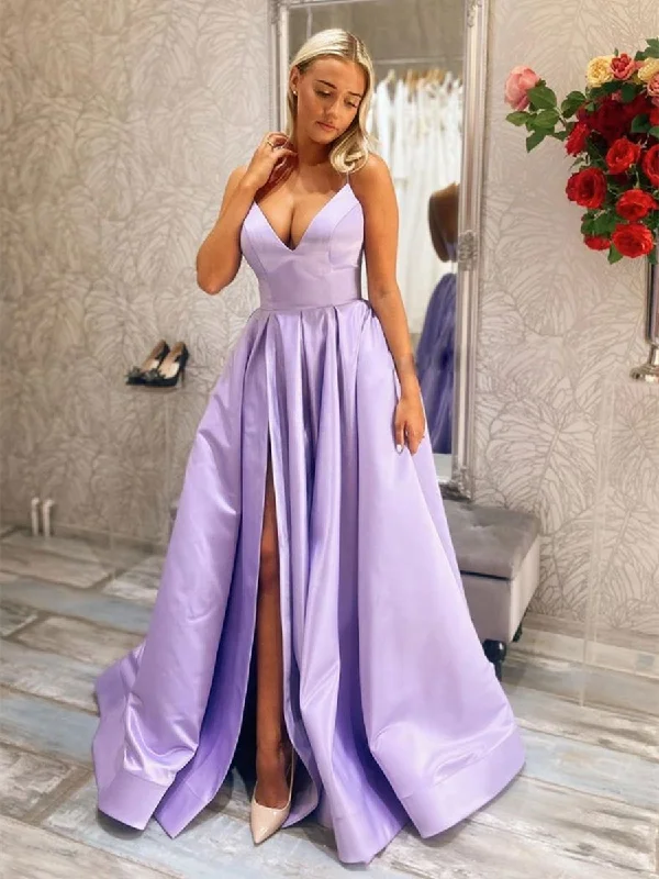 Big Discounts Newest V Neck Purple Satin Long Prom Dresses with Slit, V Neck Purple Formal Dresses, Purple Evening Dresses