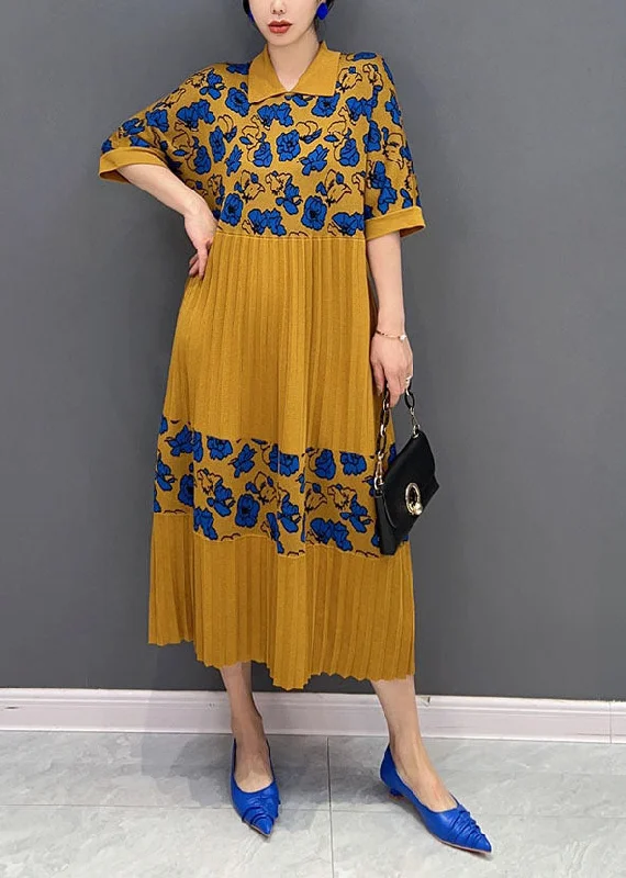 floral wrap dressfloral wrap dressItalian Yellow Peter Pan Collar Patchwork Print Knit Long Dresses Summer