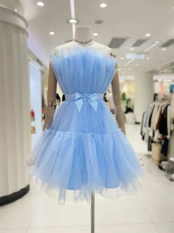 chic shift dresschic shift dressLovely Short Blue/Burgundy Tulle Prom Homecoming Dresses with Bow, Blue/Burgundy Tulle Formal Graduation Evening Dresses SP2404