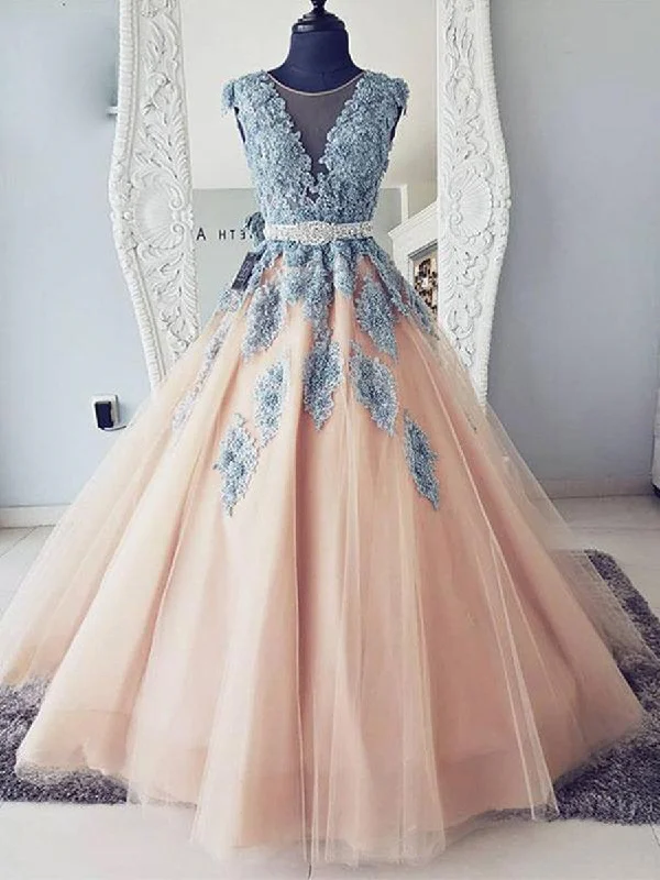 Super Deal Cap Sleeves Round Neck Blue Lace Pink Tulle Long Ball Gown with Belt, Lace Pink Prom Dresses, Formal Dresses