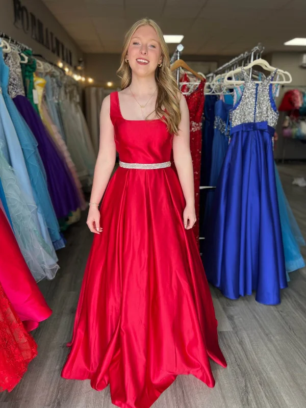 elegant maxi dresselegant maxi dressA Line Open Back Red Satin Long Prom Dresses with Belt, Long Red Formal Graduation Evening Dresses SP3073