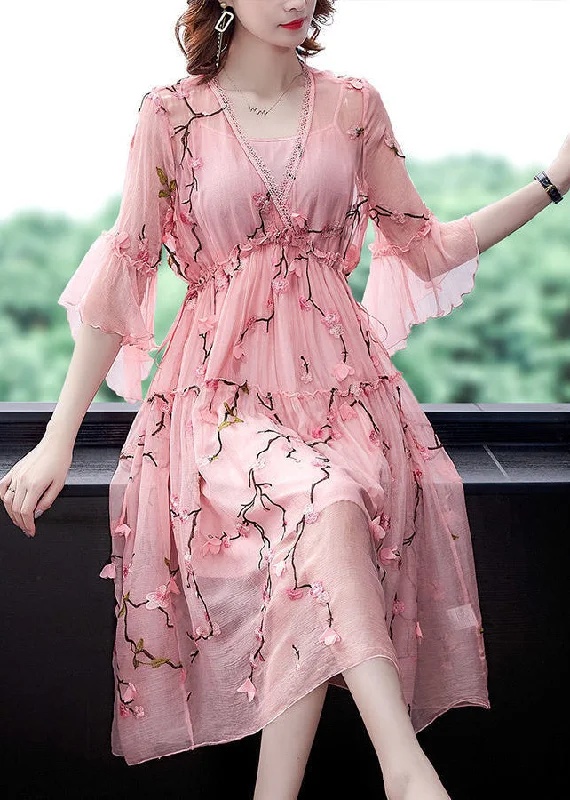 Daily Deals Elegant Pink Ruffled Embroideried ChiffonSilk Maxi Dresses Flare Sleeve