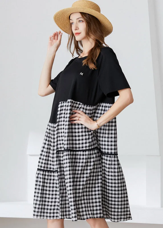 Huge Discounts Art Black Asymmetrical Patchwork Plaid Cotton Dresses Summer