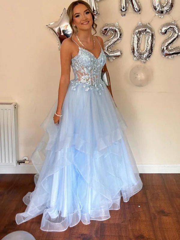 fitted dressfitted dressA Line V Neck Light Blue Lace Long Prom Dresses, Light Blue Lace Formal Dresses, Light Blue Tulle Evening Dresses SP2993