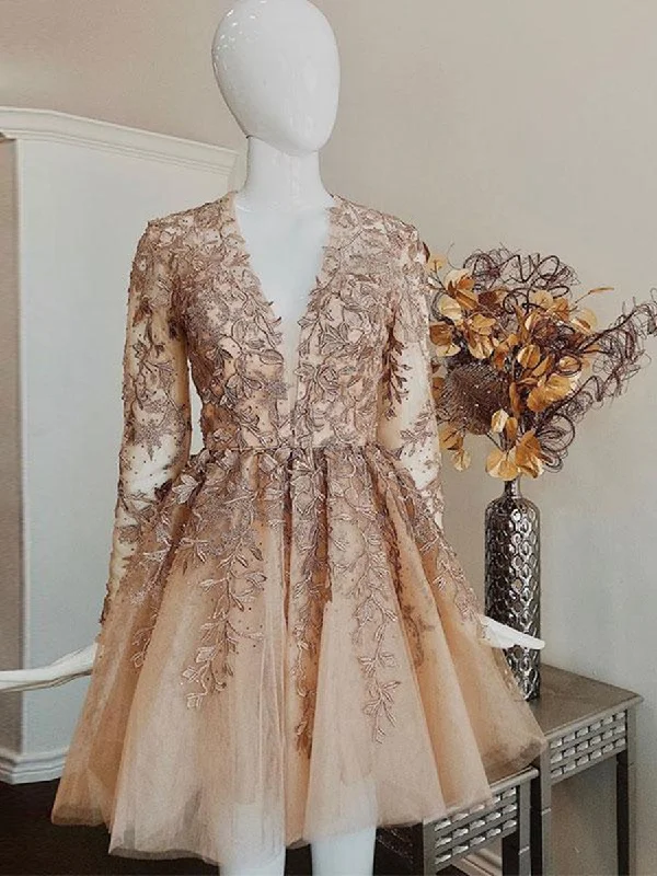 Great Deals Champagne V Neck Long Sleeves Lace Short Prom Dresses, Long Sleeves Champagne Lace Homecoming Dresses, Champagne Lace Formal Graduation Evening Dresses