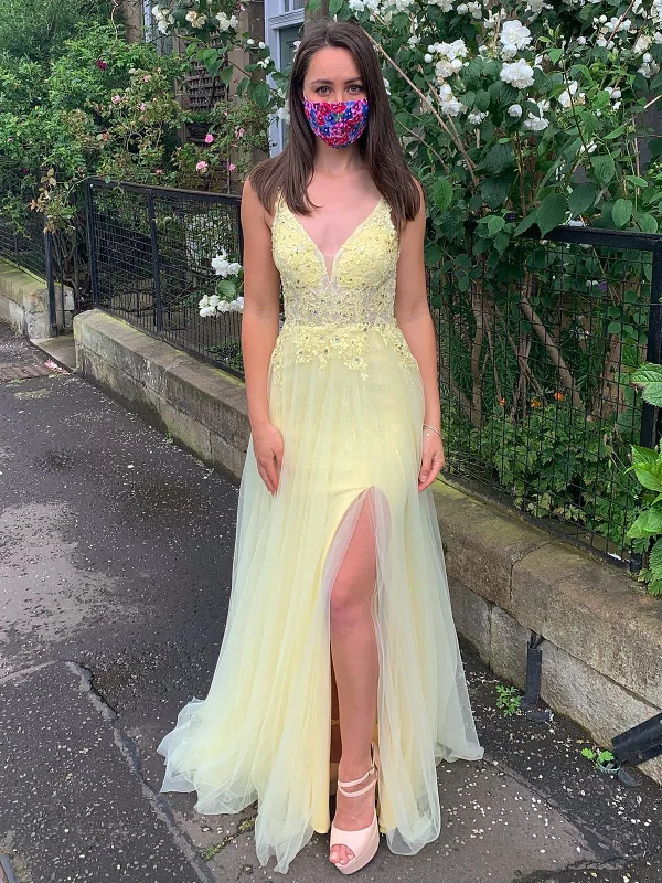 Discount Deals Yellow A Line V Neck Backless Lace Prom Dresses with Slit, Yellow Lace Formal Dresses, Yellow Evening Dresses