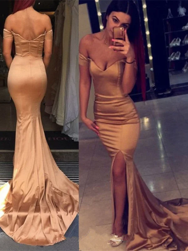 Super Sale Off Shoulder Satin Mermaid Backless Rose Golden Prom Dresses With Slit, Off Shoulder Mermaid Formal Dresses Super Sale Off Shoulder Satin Mermaid Backless Rose Golden Prom Dresses With Slit, Off Shoulder Mermaid Formal Dresses