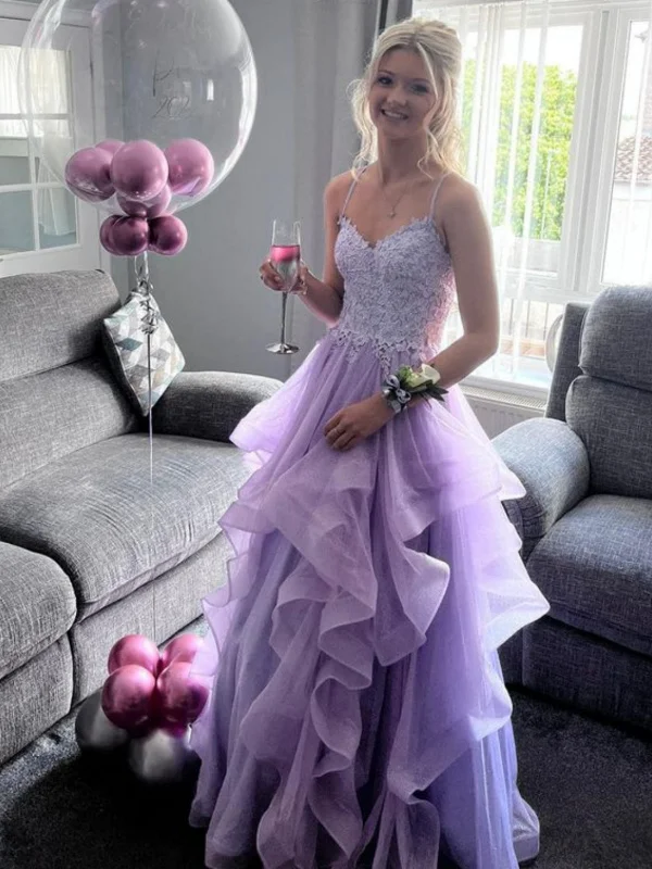 sophisticated dresssophisticated dressOpen Back V Neck Fluffy Lilac Lace Long Prom Dresses, Lilac Tulle Formal Dresses with Appliques, Lilac Evening Dresses SP2933