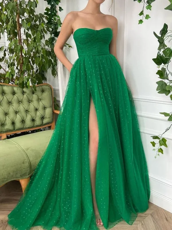 wrap dresswrap dressElegant Strapless Green Tulle Long Prom Dresses with High Slit, Long Green Formal Graduation Evening Dresses SP2612