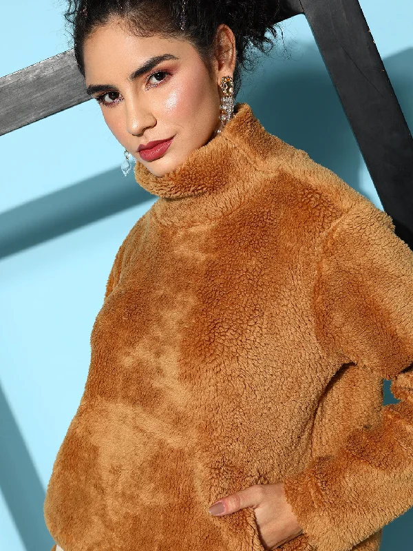 Major Savings Women Mustard High Neck Faux Fur Sweatshirt
