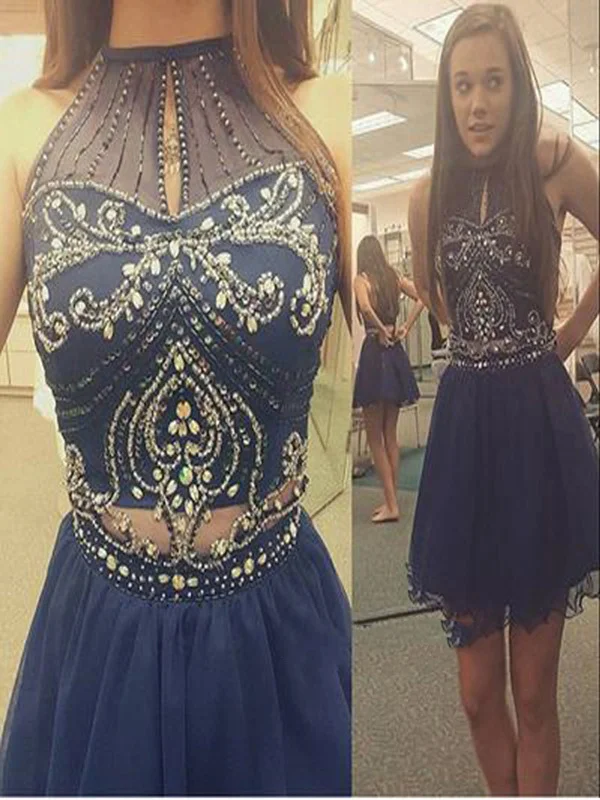 Clearance Items A Line High Neck Short Blue Prom Dress, Short Graduation Dress, Short Homecoming Dress