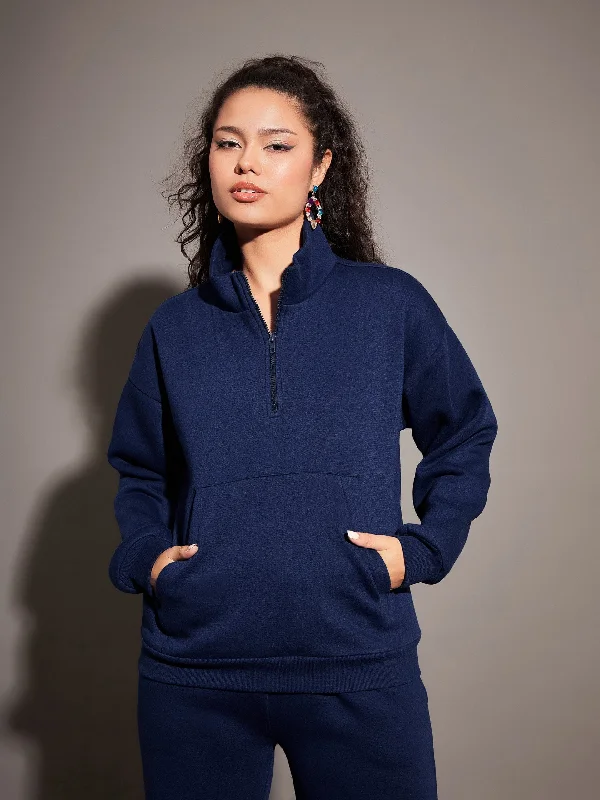 streetwear gym sweatshirtWomen Navy Fleece Front Zipper Sweatshirt