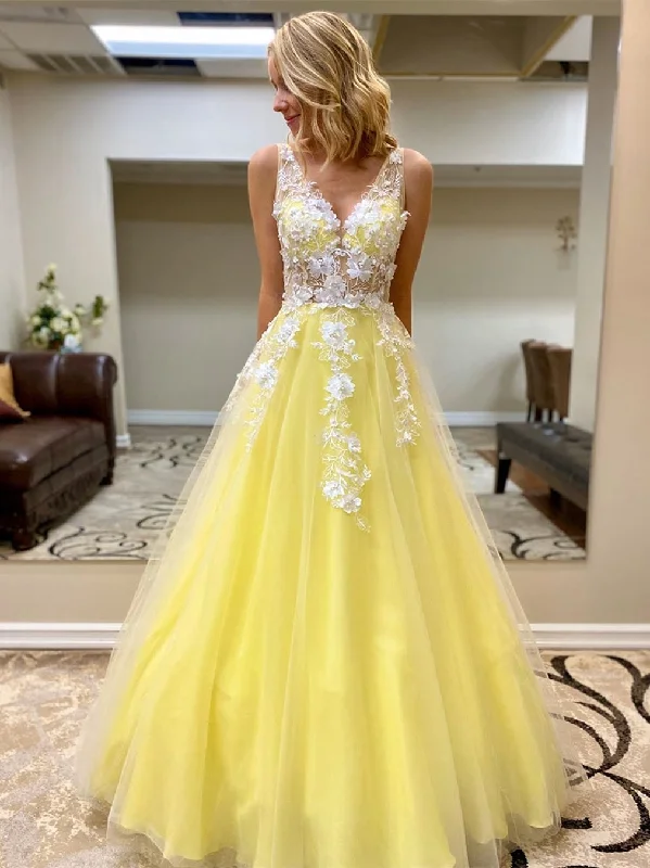 Can't Be Beat Custom Made V Neck White Lace Appliques Yellow Long Prom Dresses, Yellow Lace Formal Graduation Evening Dresses Can't Be Beat Custom Made V Neck White Lace Appliques Yellow Long Prom Dresses, Yellow Lace Formal Graduation Evening Dresses