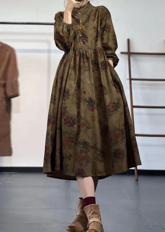 chic shift dresschic shift dressBeautiful Yellow Stand Collar Ruffled Print Corduroy Dress Winter