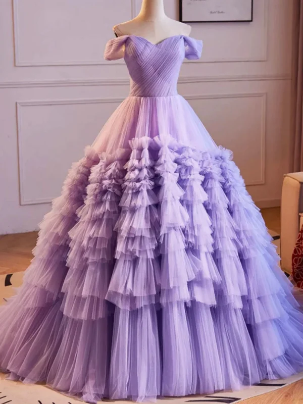 sleeveless dresssleeveless dressGorgeous Off the Shoulder Layered Lilac Tulle Long Prom Dresses, Purple Tulle Formal Dresses, Lilac Ball Gown SP2883