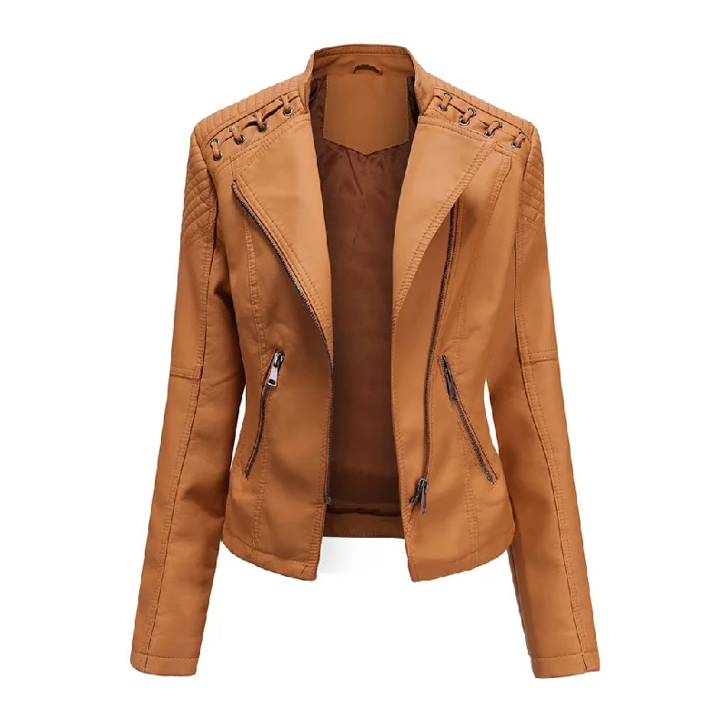 Online Specials Unique Whipstitch Stand Collar Zip Up Tailored Vegan Leather Biker Jacket