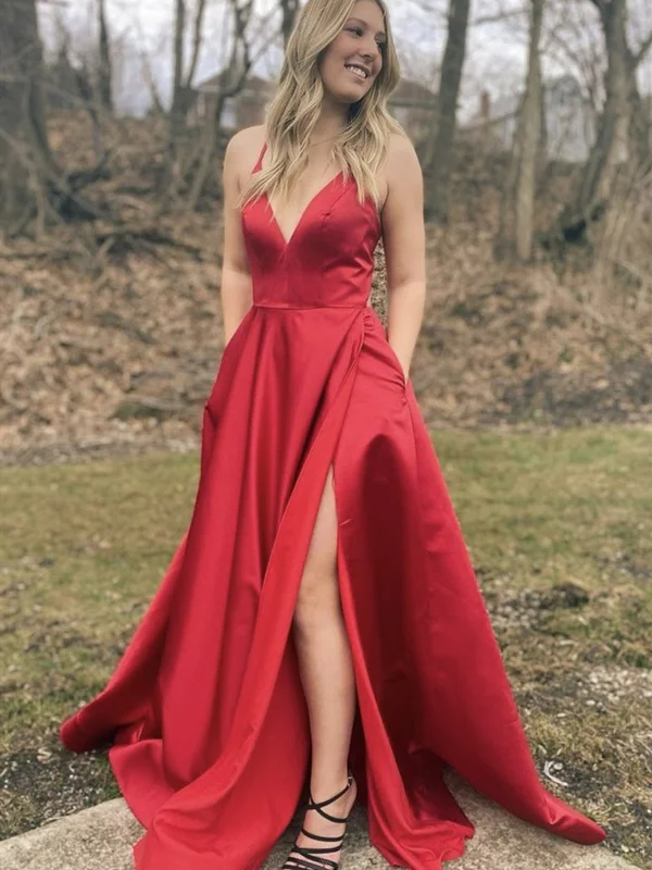 Year-End Clearance A Line V Neck Red Satin Long Prom Dresses with High Slit, Red Formal Graduation Evening Dresses with Pocket Year-End Clearance A Line V Neck Red Satin Long Prom Dresses with High Slit, Red Formal Graduation Evening Dresses with Pocket