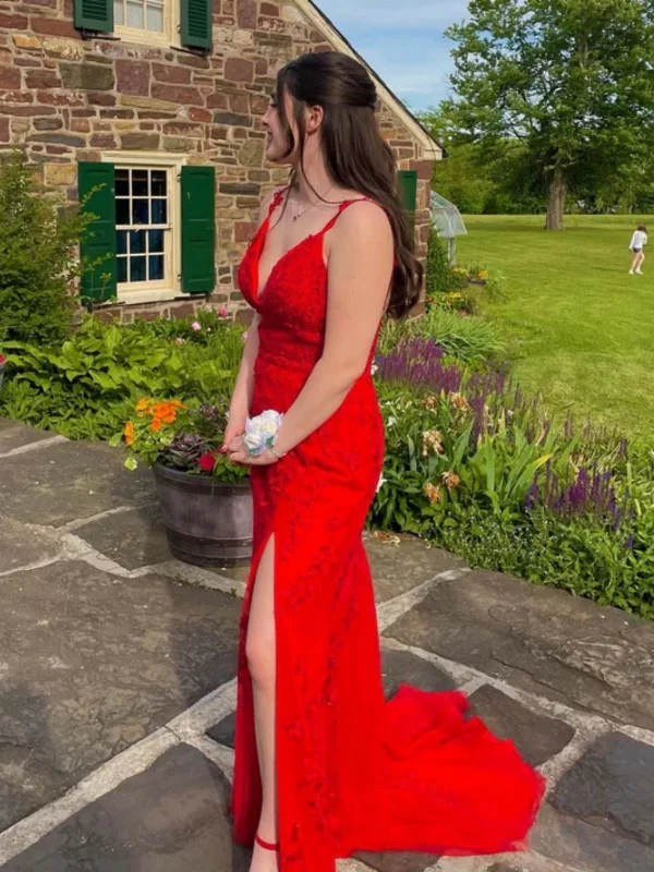 ruched dressruched dressOpen Back V Neck Mermaid Red Lace Long Prom Dresses with High Slit, Mermaid Red Formal Dresses, Red Lace Evening Dresses SP2934