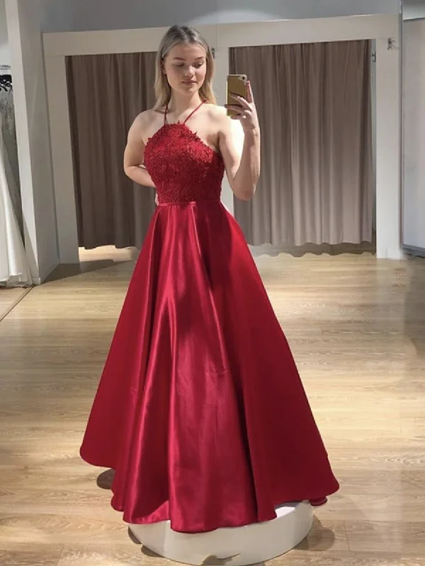 Lowest Price Open Back Floor Length Long Red Lace Prom Dresses with Straps, Backless Red Lace Formal Graduation Evening Dresses
