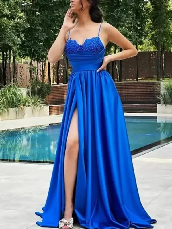 mini dressmini dressA Line Blue Lace Long Prom Dresses with High Slit, Long Blue Formal Graduation Evening Dresses SP2501