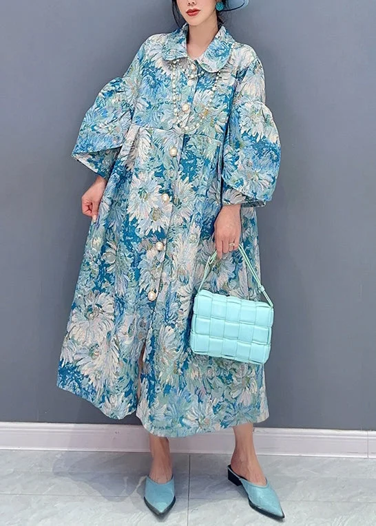 Limited Edition Art Blue Button Print Patchwork Cotton Shirts Dresses Fall