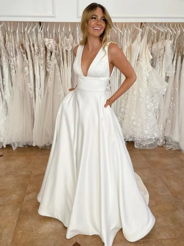 romantic dressromantic dressA Line V Neck White Satin Long Prom Dresses, V Neck White Formal Graduation Evening Dresses SP2713