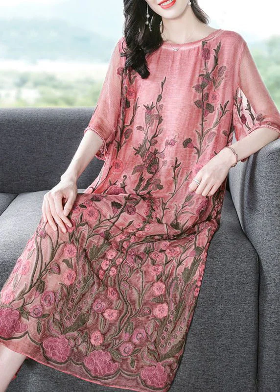 Major Savings Modern Pink O-Neck Embroideried Silk A Line Dress Half Sleeve
