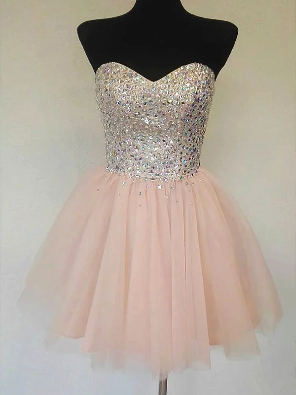 Epic Deals A Line Sweetheart Neck Sequins Pink Short Prom Dresses, Sequins Pink Homecoming Dresses, Pink Formal Graduation Evening Dresses