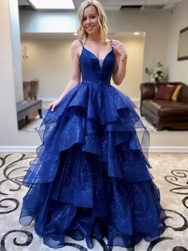 Hot Deal V Neck Blue Tulle Layered Long Prom Dresses with Belt, Long Blue Formal Evening Dresses, Ball Gown SP2524
