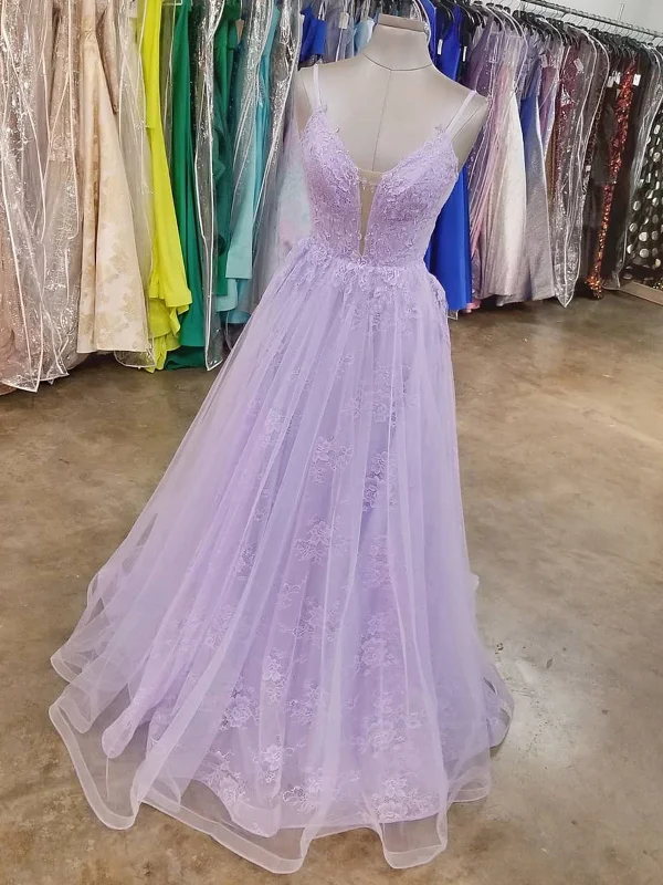 Season Finale Sale A Line V Neck Purple Lace Long Prom Dresses, Lilac Lace Long Formal Evening Dresses Season Finale Sale A Line V Neck Purple Lace Long Prom Dresses, Lilac Lace Long Formal Evening Dresses