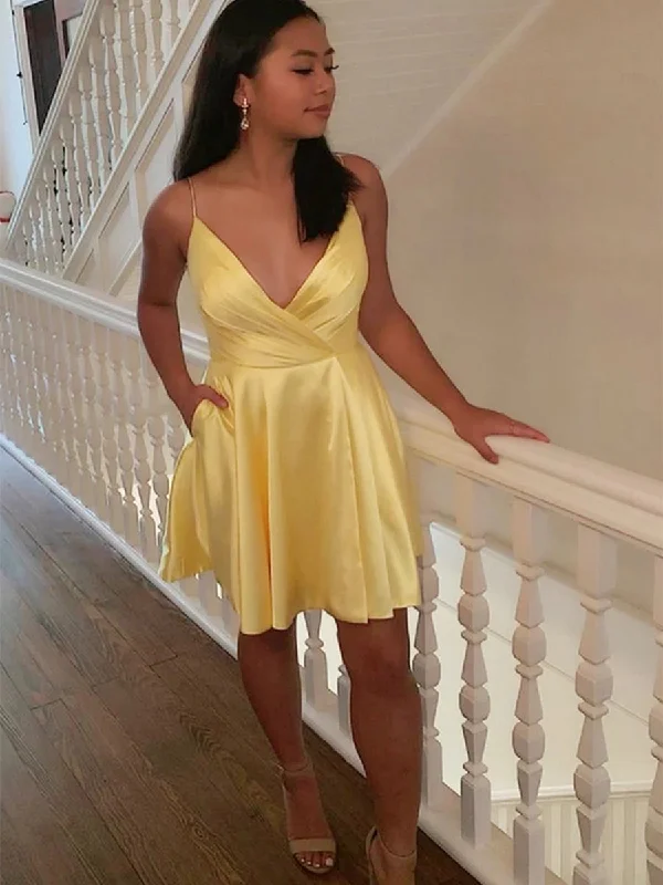 Massive Deals Cute V Neck Yellow Satin Short Prom Dresses Homecoming Dresses, V Neck Yellow Formal Graduation Evening Dresses Massive Deals Cute V Neck Yellow Satin Short Prom Dresses Homecoming Dresses, V Neck Yellow Formal Graduation Evening Dresses