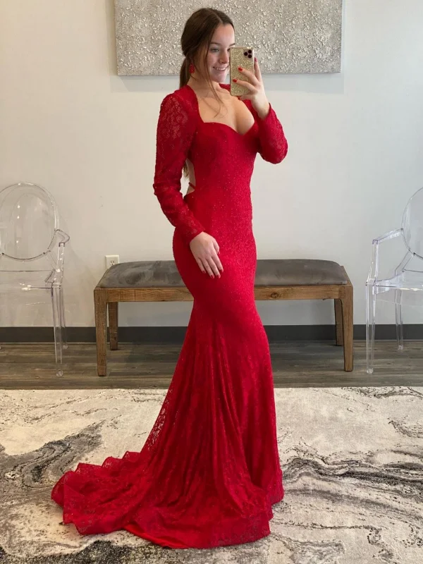 casual slip dresscasual slip dressLong Sleeves Mermaid Red Lace Prom Dresses, Long Beaded Red Lace Formal Dresses, Red Evening Dresses SP2498