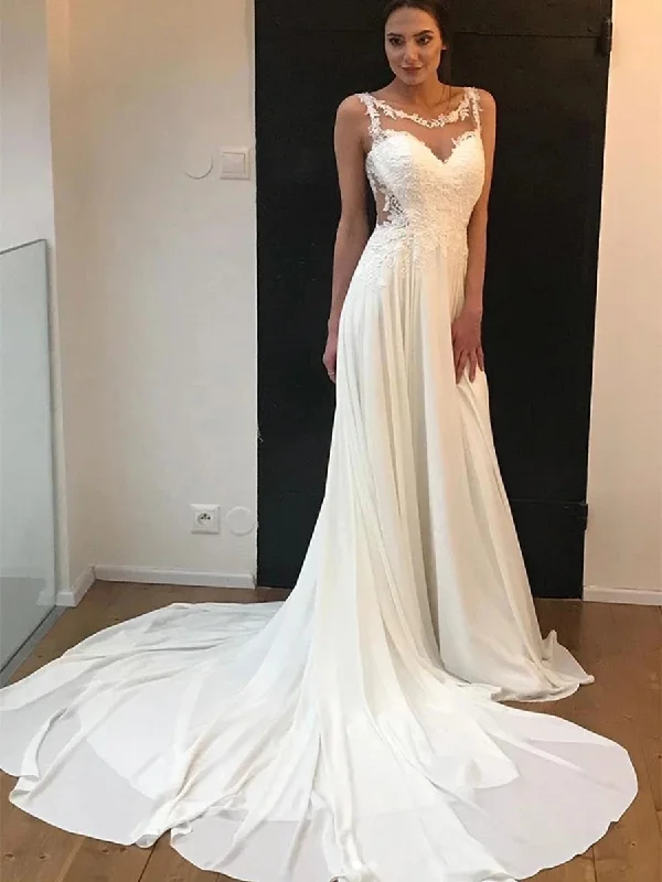 Bonus Savings Elegant Round Neck Lace White Chiffon Wedding Prom Dresses, White Lace Formal Dresses, White Evening Dresses Bonus Savings Elegant Round Neck Lace White Chiffon Wedding Prom Dresses, White Lace Formal Dresses, White Evening Dresses