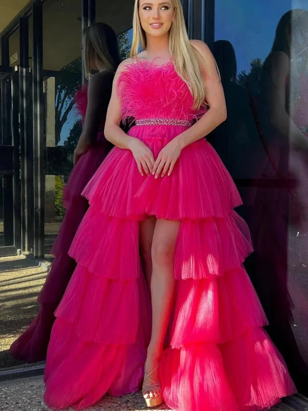 evening dressevening dressStrapless High Low Hot Pink Feathers Long Prom Dresses, High Low Hot Pink Formal Dresses, Hot Pink Evening Dresses SP2808