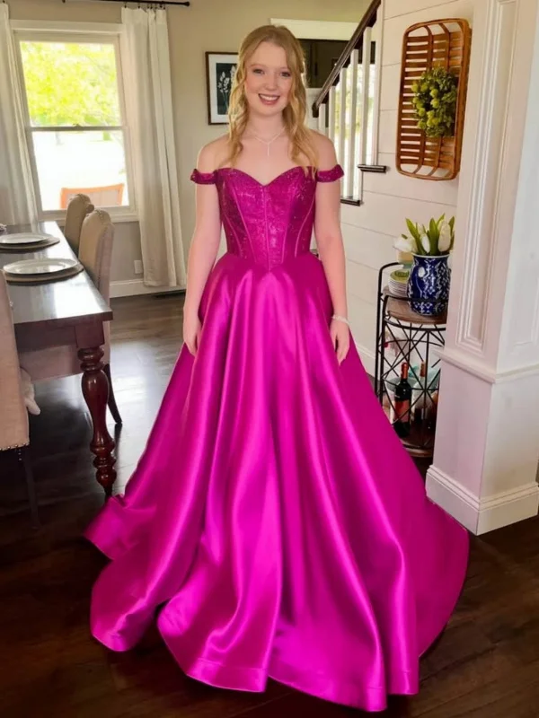 romantic dressromantic dressOff Shoulder Magenta Lace Top Long Prom Dresses 2025, Off the Shoulder Magenta Formal Dresses, Magenta Evening Dresses SP3087