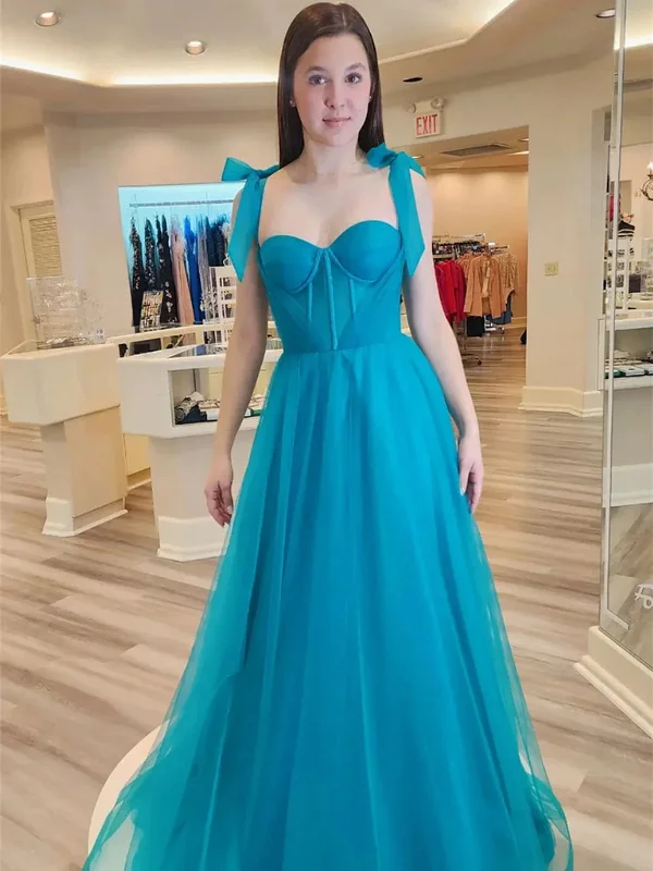 chic shift dresschic shift dressSweetheart Neck Bow Tie Shoulder Blue Tulle Long Prom Dresses, Long Blue Formal Graduation Evening Dresses SP2889